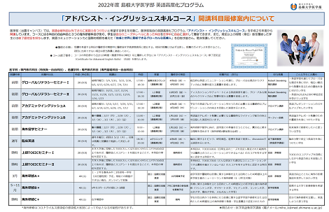 図. 2022年度「アドバンストイングリッシュスキルコース」の科目一覧